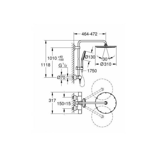 Душевая система GROHE Rainshower SmartActive 310 Cosmopolitan, круглый, 1 режим струи, с термостатом, хром (27966001)