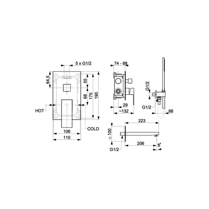 Смеситель встроенный LOGON Black для ванной (комплект)