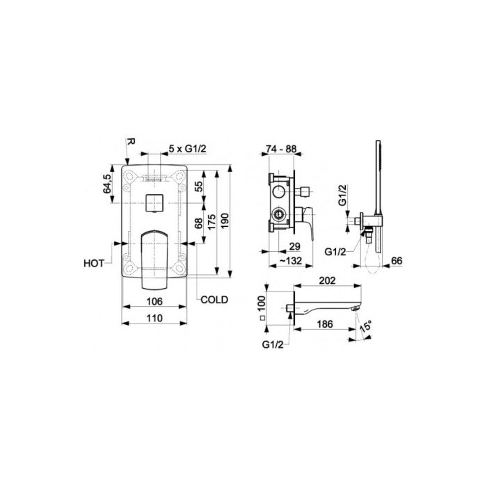 Смеситель встроенный MOKAIT Chrom для ванной (комплект)