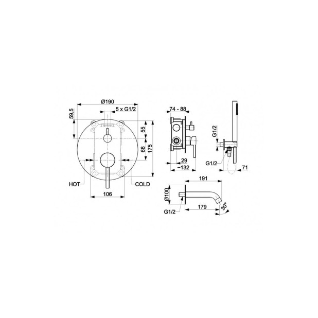 Смеситель встроенный MOZA Chrom для ванной (комплект)