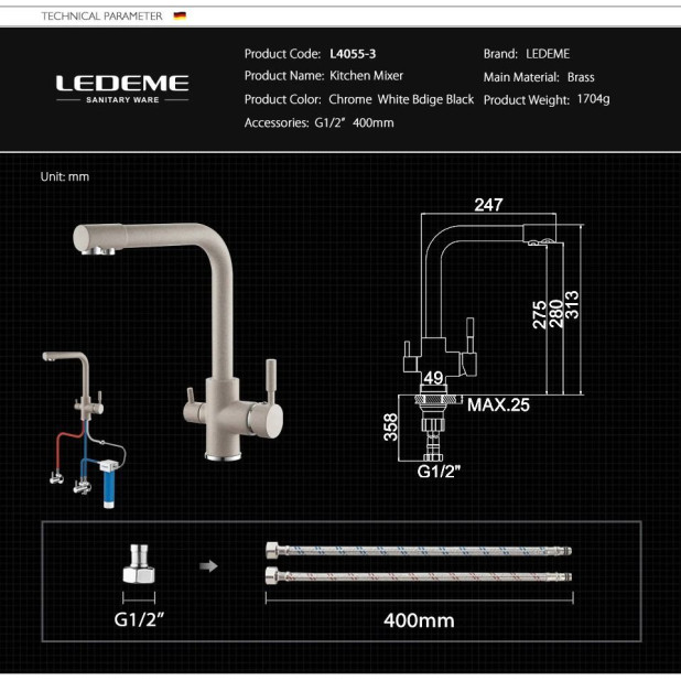 Смеситель для кухни LEDEME L4055B-3